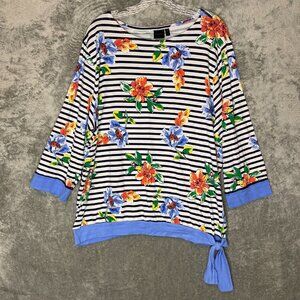 Rafaella Women Nautical Coastal Preppy Striped Floral Stretch Long Sleeve Top 3X